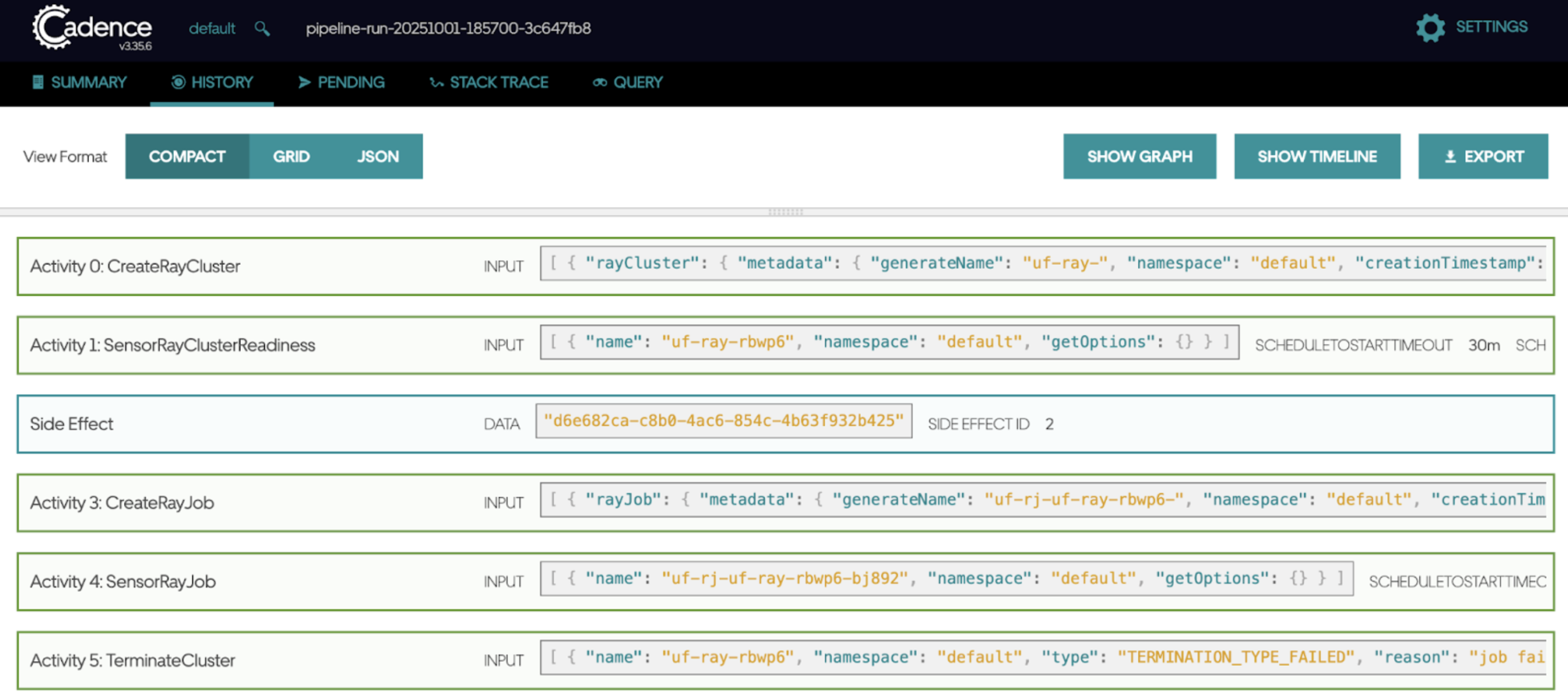 Cadence UI workflow detail view showing individual activities like CreatePipelineRun and their completion status