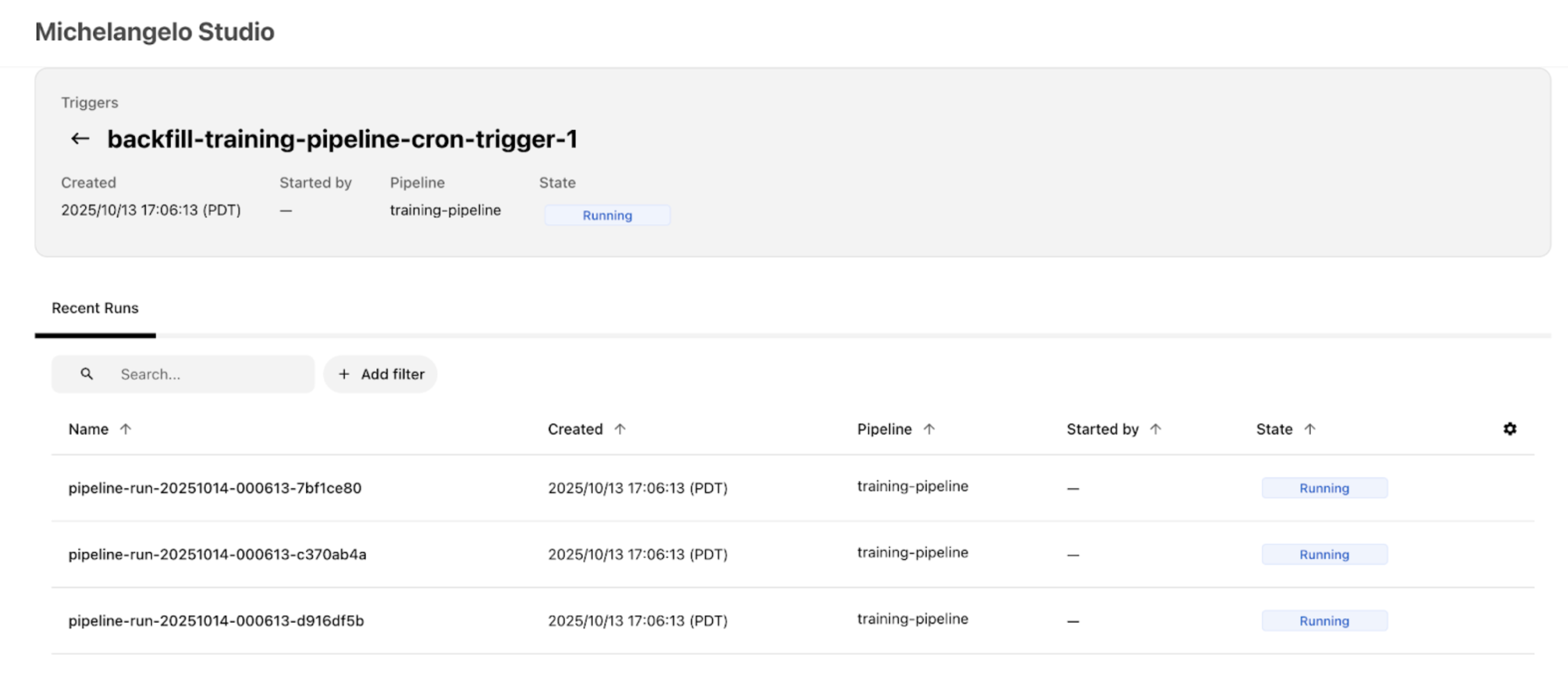 MA Studio Triggers section showing a list of trigger runs with their names, states, and most recent pipeline run timestamps