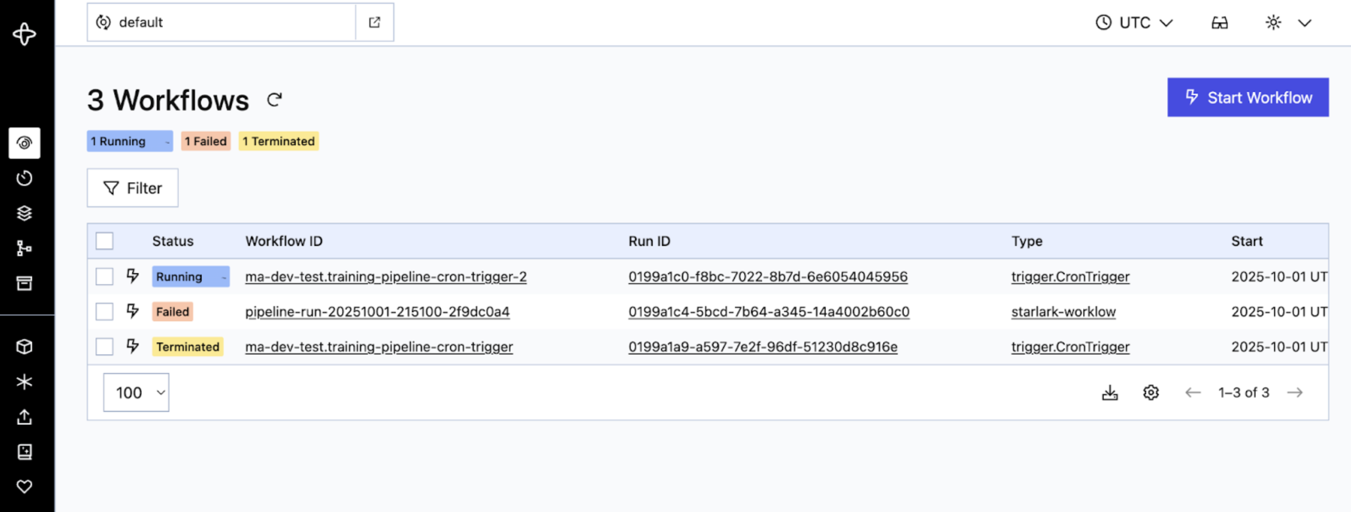 Temporal UI showing trigger workflows with status indicators and execution history